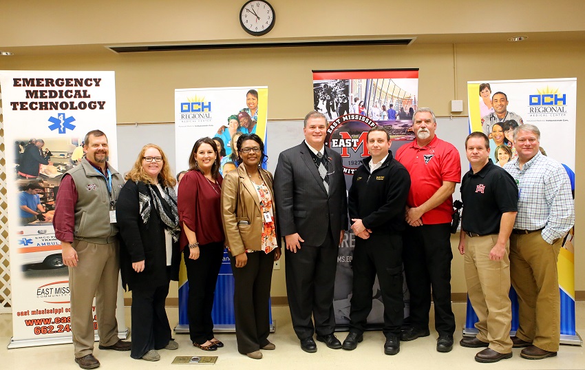 Officials from East Mississippi Community College, OCH Regional Medical Center and Oktibbeha County Fire Department gathered at a press conference to announce a partnership to provide EMT training to firefighters. Pictured at the press conference are, from left, East Oktibbeha Volunteer Fire Department Board Treasurer Russ Lyle, EMCC Associate Degree Nursing instructor Brittany Shurden, EMCC Associate Degree Nursing instructor Karen Taylor, EMCC Director of Nursing and Allied Health Dr. Tonsha Emerson, EMCC Vice President of the Golden Triangle Campus Dr. Paul Miller, Oktibbeha County Training Officer Austin Check, East Oktibbeha Volunteer Fire Department Chief Greg Ball, EMCC Director of Emergency Medical Services Education Chris Kelly and OCH Regional Medical Center Director of Emergency Medical Services Michael Hunt. Officials from East Mississippi Community College, OCH Regional Medical Center and Oktibbeha County Fire Department gathered at a press conference to announce a partnership to provide EMT training to firefighters. Pictured at the press conference are, from left, East Oktibbeha Volunteer Fire Department Board Treasurer Russ Lyle, EMCC Associate Degree Nursing instructor Brittany Shurden, EMCC Associate Degree Nursing instructor Karen Taylor, EMCC Director of Nursing and Allied Health Dr. Tonsha Emerson, EMCC Vice President of the Golden Triangle Campus Dr. Paul Miller, Oktibbeha County Training Officer Austin Check, East Oktibbeha Volunteer Fire Department Chief Greg Ball, EMCC Director of Emergency Medical Services Education Chris Kelly and OCH Regional Medical Center Director of Emergency Medical Services Michael Hunt.