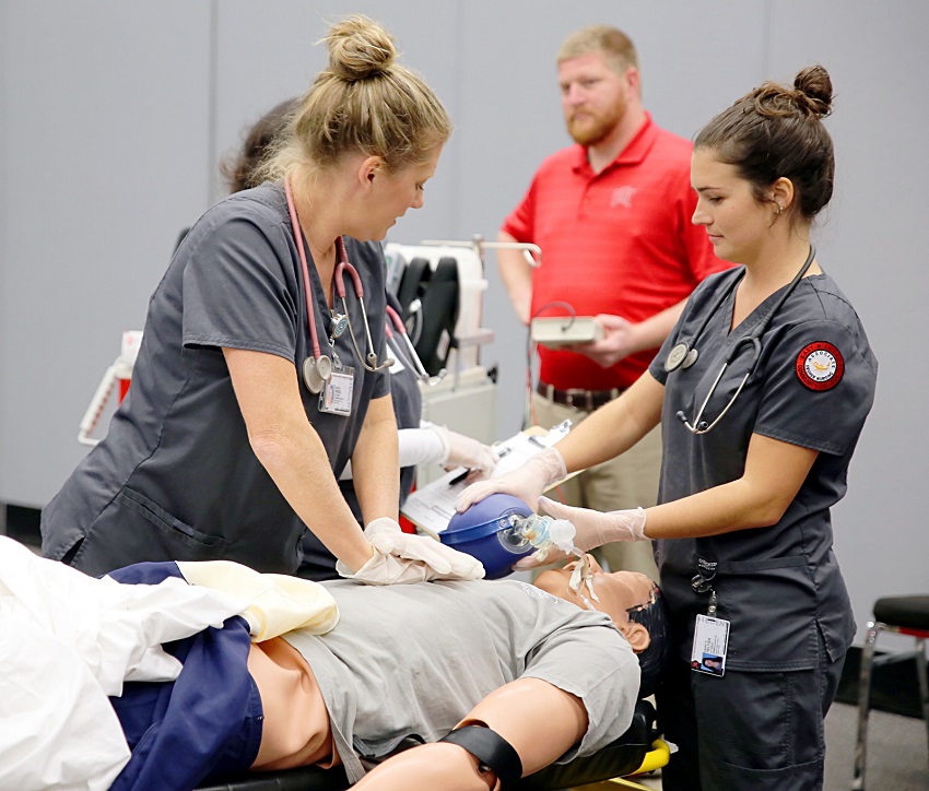 Students enrolled in East Mississippi Community College’s Division of Nursing and Allied Health programs participated in a collaborative emergency medical simulation Oct. 16-17. Students enrolled in East Mississippi Community College’s Division of Nursing and Allied Health programs participated in a collaborative emergency medical simulation Oct. 16-17.